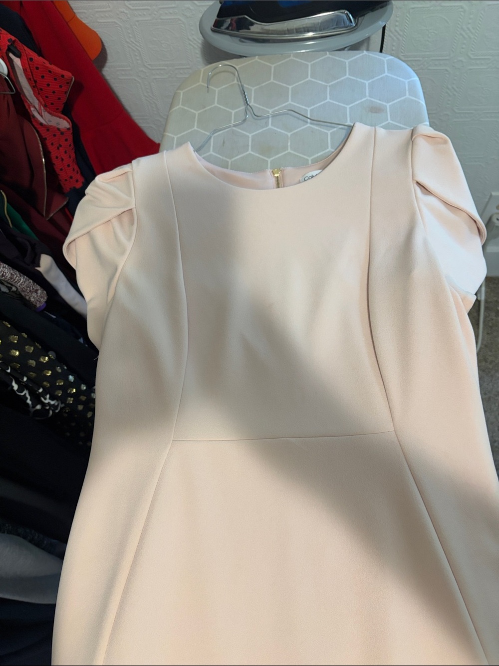 Calvin Klein Blush Pink Midi Dress with Structured Puff Sleeves